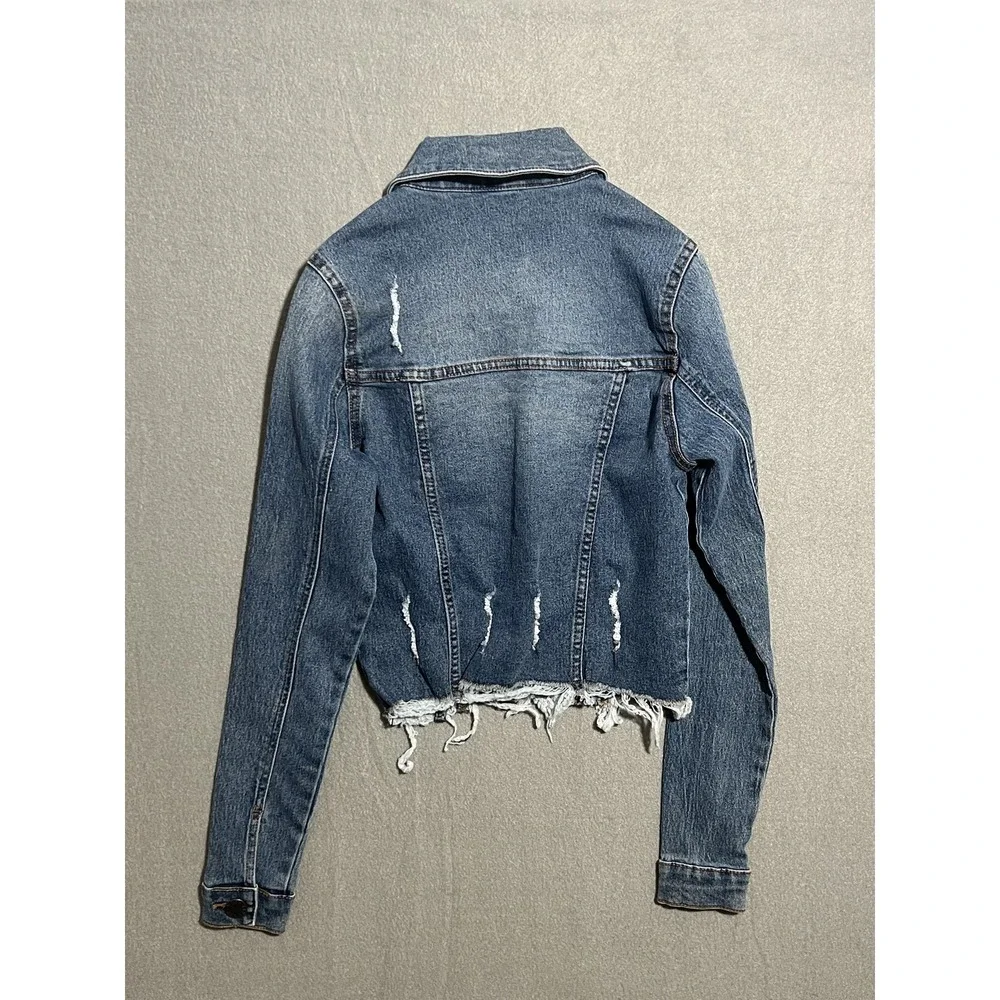 V.I.P. Jeans Girls Distressed Denim Jacket Size S Blue Button Front Frayed‎ Hem